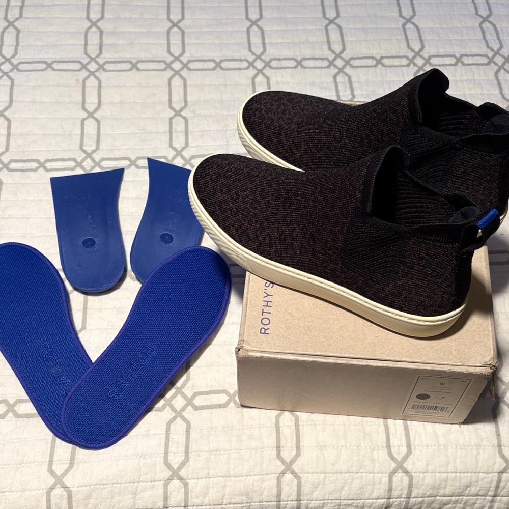 Rothy's Black and Brown Knit Slip-Ons with Blue Insoles